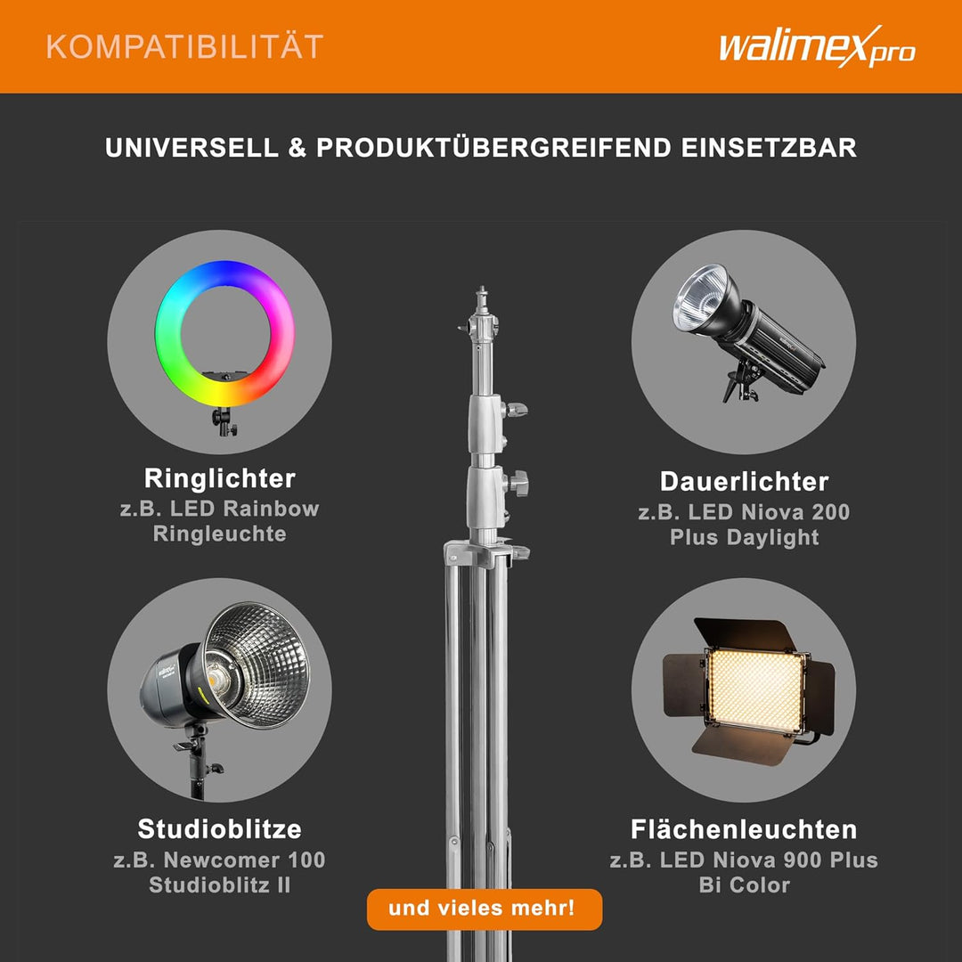 Walimex Pro Heavy Duty Edelstahl Lampenstativ - max. Höhe 270cm, inkl. Tragetasche &amp; Spigotadapter m