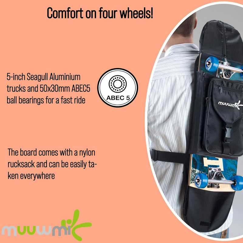 muuwmi ABEC 5 Skateboard mit Rucksack, Unisex, Wave-Design Wave inkl. Rucksack, Wave inkl. Rucksack