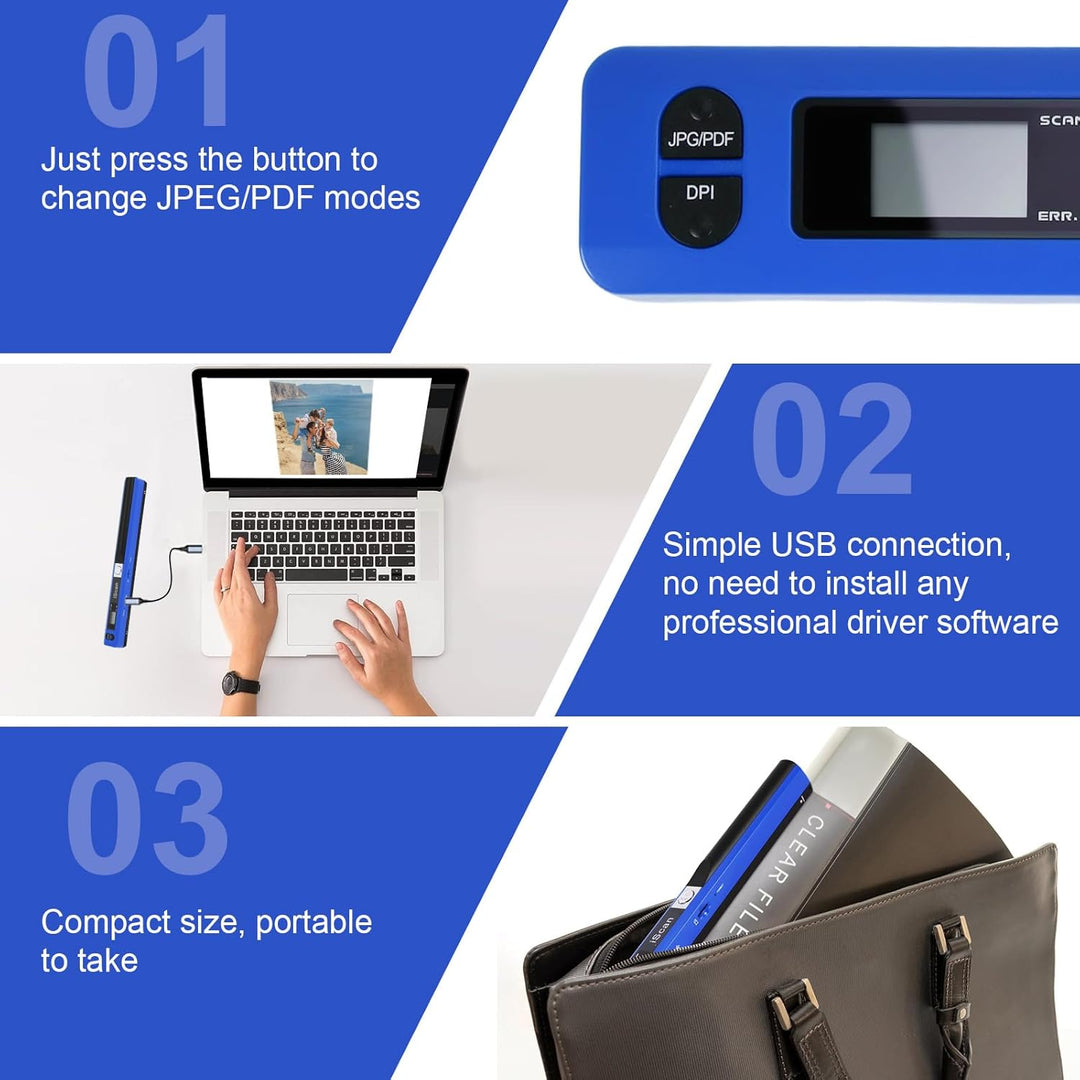 AOZBZ Tragbarer Dokumentenscanner Blau 900 DPI Handlicher USB-Bildscanner A4 Farbfoto Mobiler Scanne