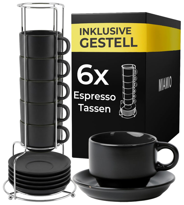 MIAMIO - 6 x 75 ml Espressotassen Set/Espresso Tassen Set mit Untertasse & Ständer - Kaffeetassen Se