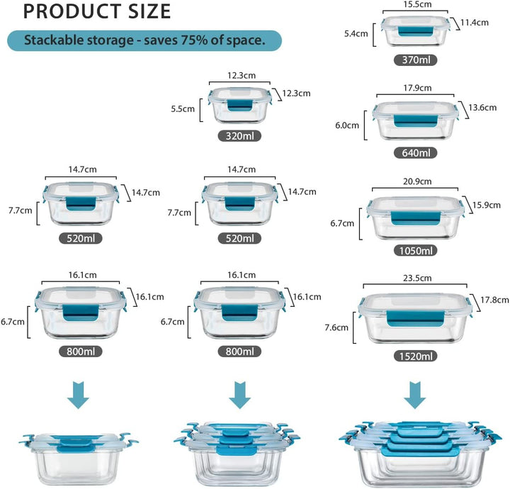 Glas-Frischhaltedosen Set Meal Prep Boxen für Lebensmittel,18 Teile (9 Behälter,9 Transparente Decke