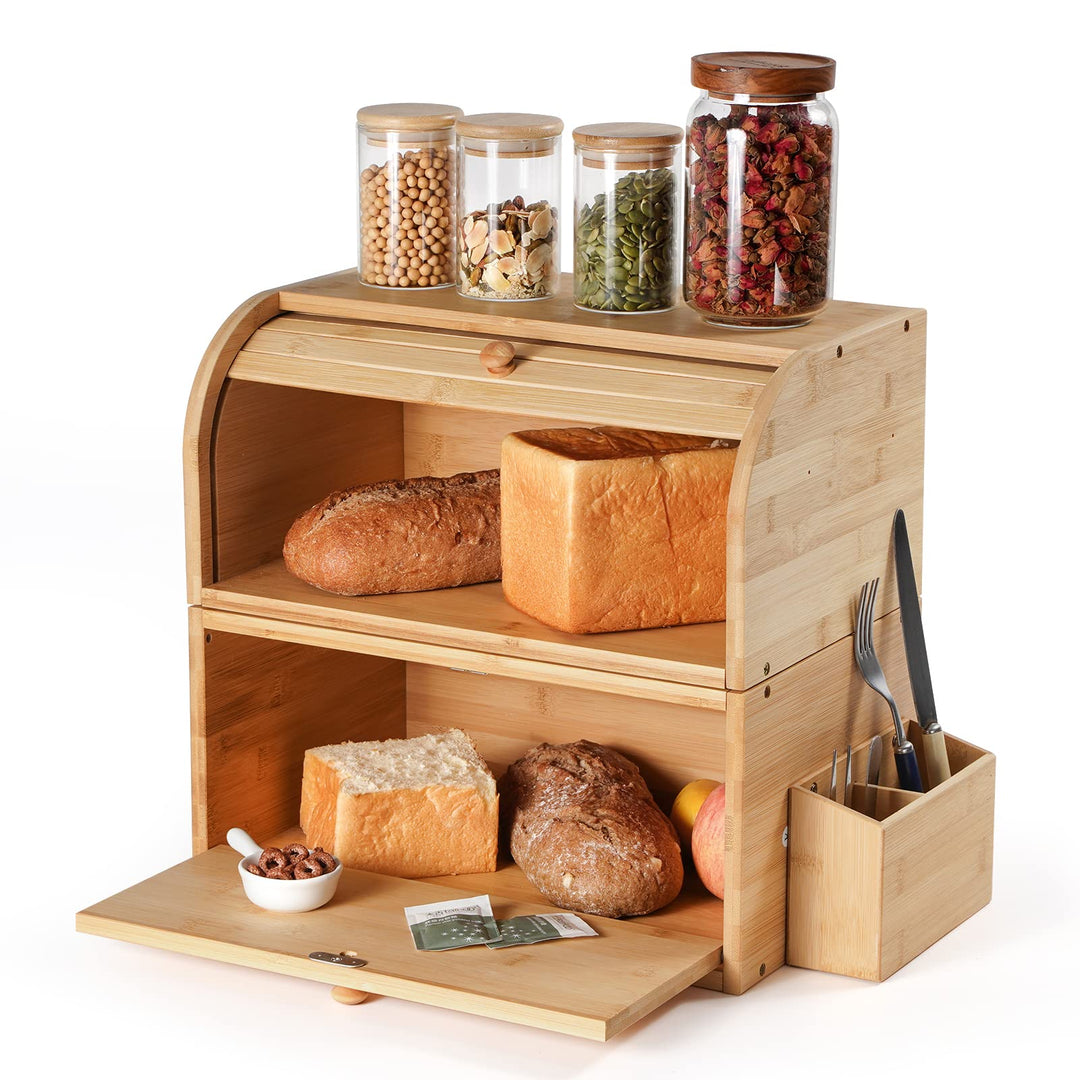 GUUSII HOME Brotkasten Holz Bambus Gross Retro Eco Brotbox Rolldeckel Doppellagig Stapelbar Brot Auf
