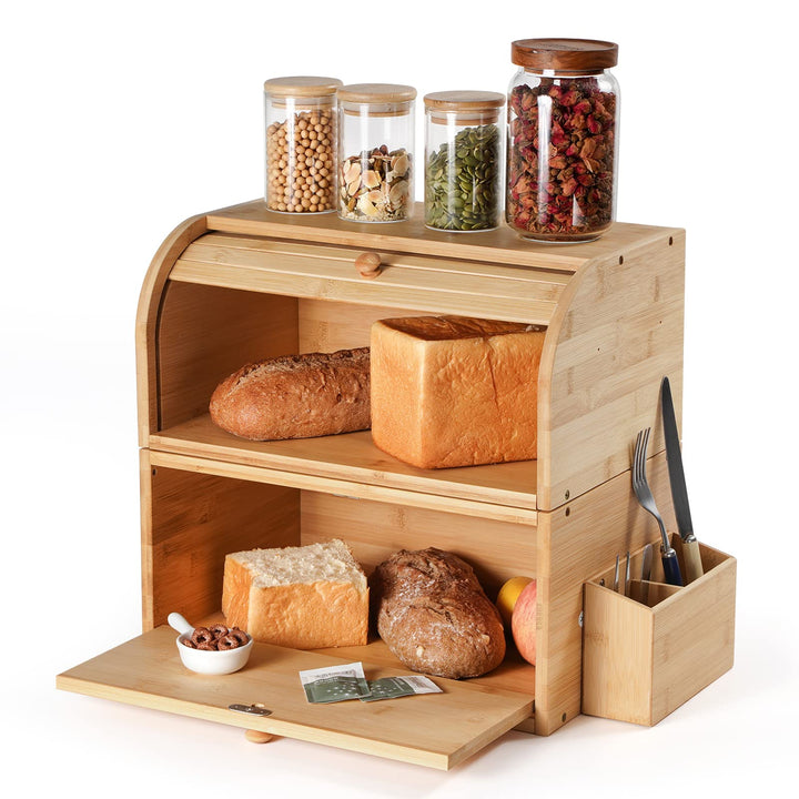 GUUSII HOME Brotkasten Holz Bambus Gross Retro Eco Brotbox Rolldeckel Doppellagig Stapelbar Brot Auf