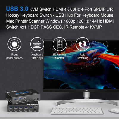 KVM Switch HDMI USB 3.0 4 Ports with Hotkey 4K 60Hz 18Gbps Share 4 Computers with one Keyboard Mous