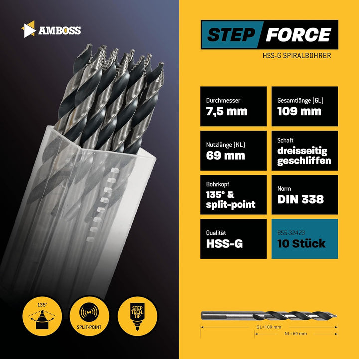 10x Spiralbohrer Step Force Ø7.5 mm - HSS-G DIN 338 für Stahl, Baustahl, Alu, Buntmetalle AMBOSS WER