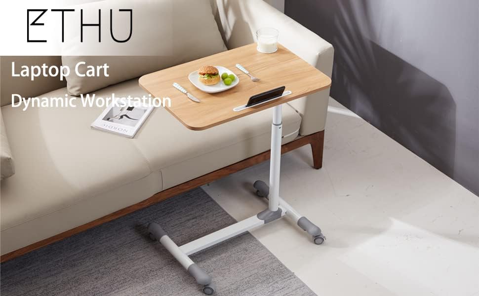 ETHU Höhenverstellbarer Beistelltisch mit 4 Rollen, Mobiler Stehpult & Laptoptisch, Überbett-Tisch f