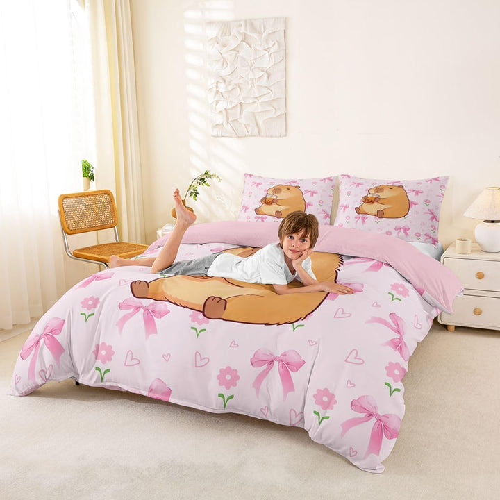 Homemissing Rosa Schleifen Capybara Bettwäsche 135x200cm süsses Mädchen-Design für Kinderzimmer,Bett