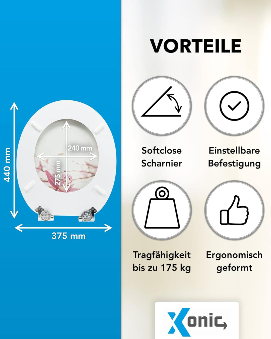 Xonic Design WC-Sitz - Premium Klo-Deckel - Toilettensitz mit Absenkautomatik - hochwertige Klobrill