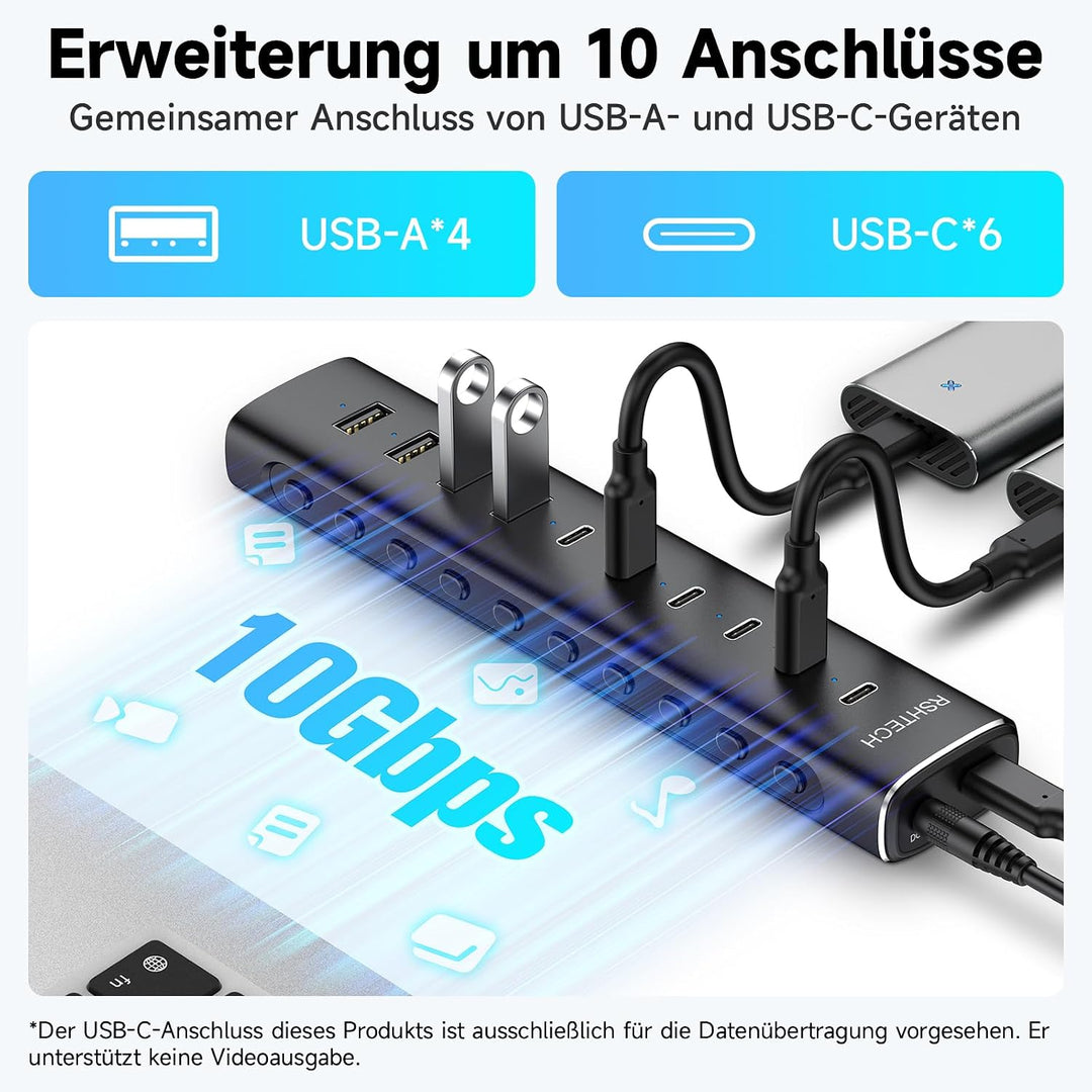 RSHTECH Alle 10 Gbps USB 3.2 Hub mit Netzteil, 4 Type A, 6 Type C - H10C6, 10