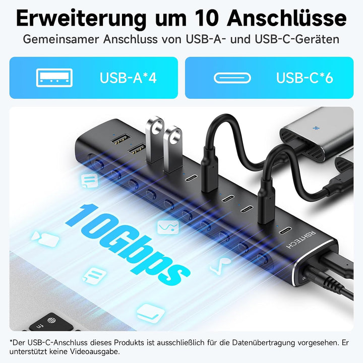 RSHTECH Alle 10 Gbps USB 3.2 Hub mit Netzteil, 4 Type A, 6 Type C - H10C6, 10