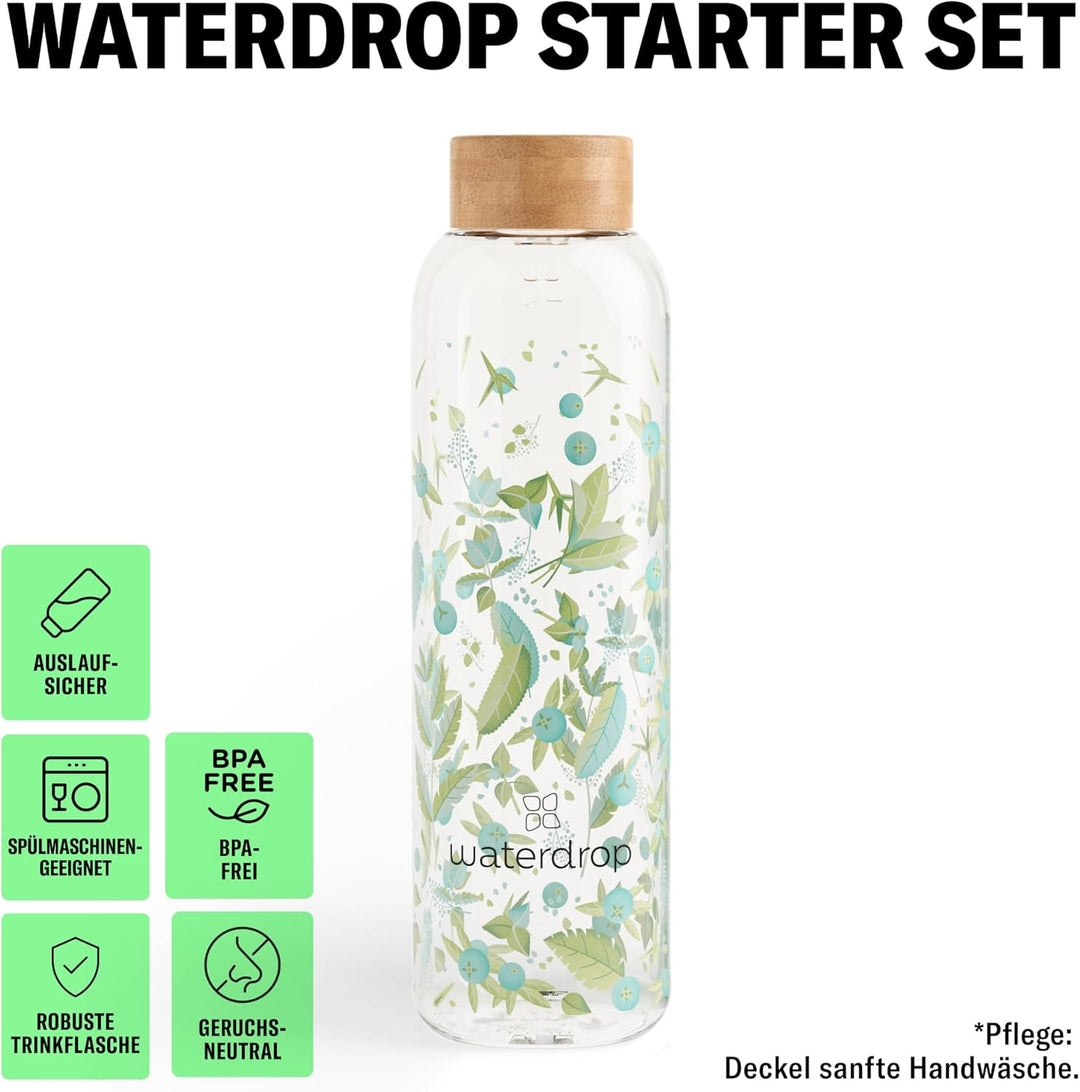 waterdrop® Starter Set Glass – Trinkflasche – 18 zuckerfrei Getränkewürfel zum Auflösen – 6 fruchtig