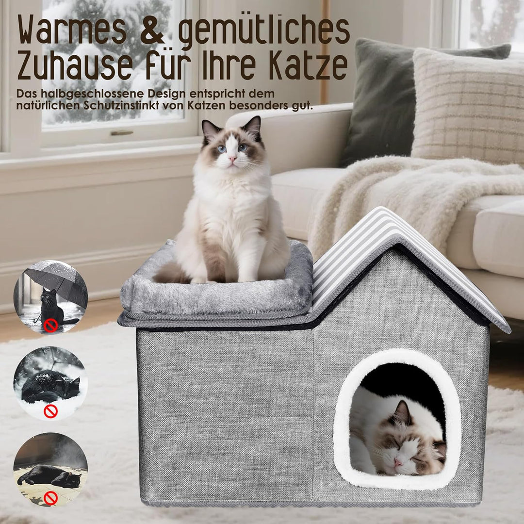 Katzenhaus, Thihome Katzenhöhle Outdoor, Warm Hundehöhle, Abnehmbar Hundehütte mit Waschbarem Kissen