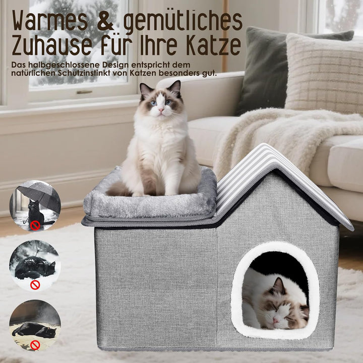 Katzenhaus, Thihome Katzenhöhle Outdoor, Warm Hundehöhle, Abnehmbar Hundehütte mit Waschbarem Kissen