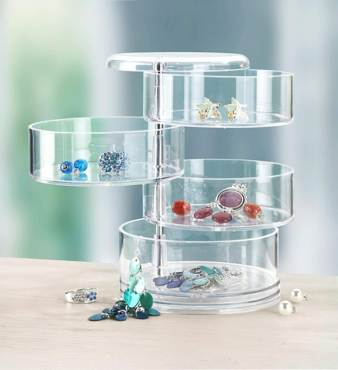 WENKO Kosmetik Organizer Tower, Aufbewahrung für Make-up und Haarschmuck, 4 Fächer, Acryl, Transpare