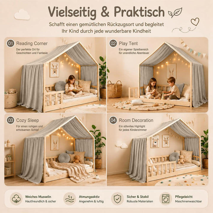 Hook Hausbett Himmel Deko Set, Betthimmel Hausbett aus Musselin - 1 Betthimmel &amp; 1 Wimpelkette, für