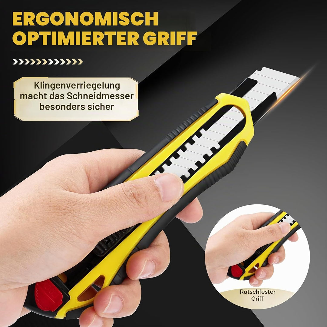 5 Stück Cuttermesser Set Profi mit 20 Stück Ersatzklingen aus Carbonstahl, Teppichmesser mit Gummigr