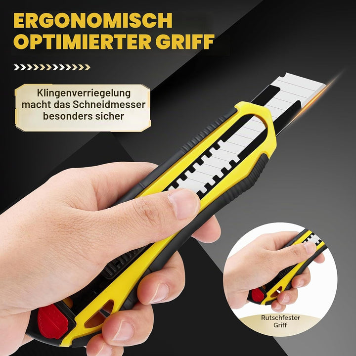 5 Stück Cuttermesser Set Profi mit 20 Stück Ersatzklingen aus Carbonstahl, Teppichmesser mit Gummigr