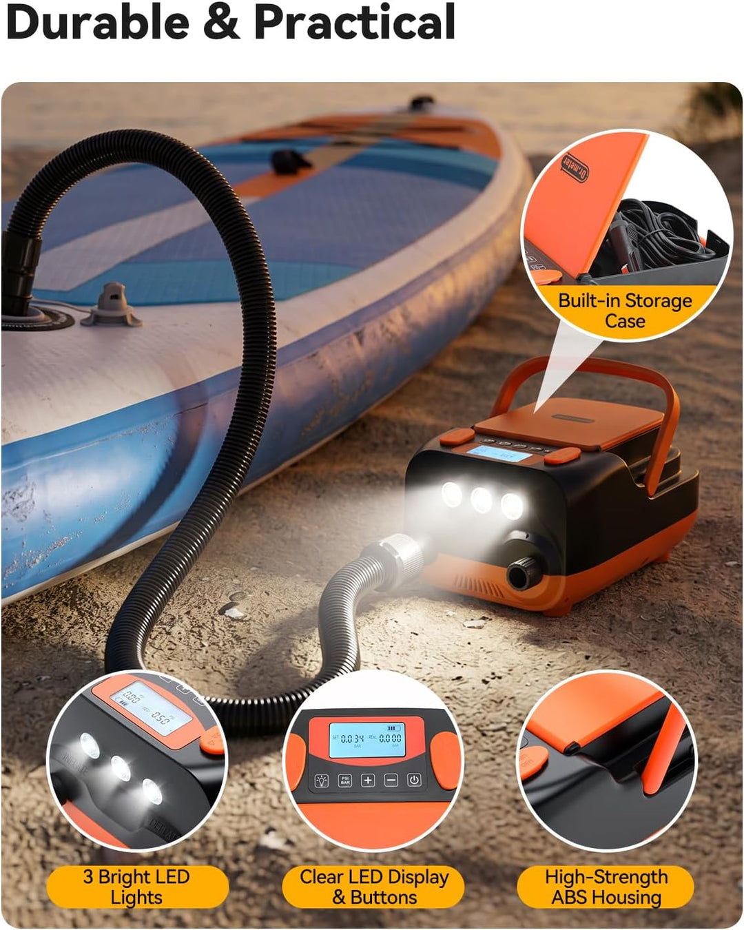 Dr.meter 6000mAh Wiederaufladbare Elektrische SUP Pumpe, SUP Pumpe Elektrisch Akku mit Auto-Off, Kan