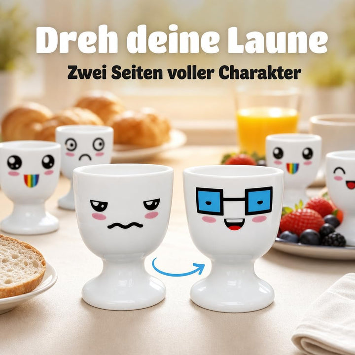 MIJOMA 6 Stück Set Eierbecher Eierhalter Eierständer weiss mit Gesichter Dekor #3, aus Porzellan je