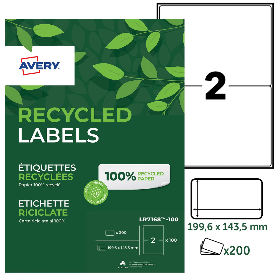 AVERY Zweckform LR7168-100 Versand-Etiketten (A4, 200 Stück, Recycling, 199,6 x 143,5 mm, 100 Blatt)