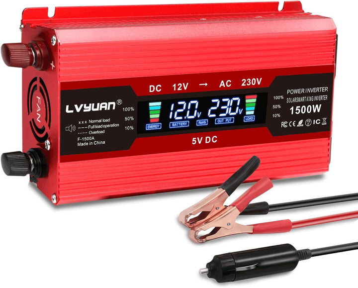 LVYUAN Wechselrichter 12V 230V 1500W Spannungswandler Stromumwandler Inverter mit 2 USB LCD EU Steck
