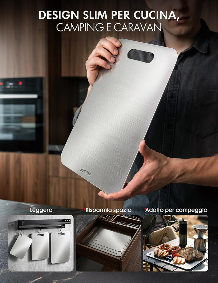 Titan Schneidebrett Set 3 Stück - S316 Edelstahl Schneidebrett, Titanium Cutting Board, Doppelseitig