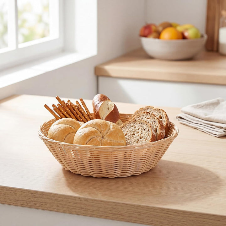 15 Stück Brotkorb Geflochten Rund, 24x6cm Brotkörbchen Kunststoff Brötchenkorb, Geflochtener Korb Br