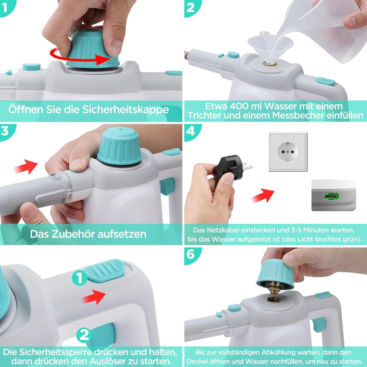 HAUSHOF Dampfreiniger Handgerät 450ml, 1200W Hand Dampfreiniger für alles mit 8 Zubehör, 3,0 bar Dam