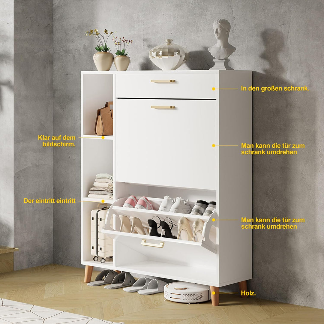 Schuhschrank mit 2 Klappen Schmal Schuhschrank mit 2 Flip-Schuhregal 1 Schublade und 3 Ablagefächer