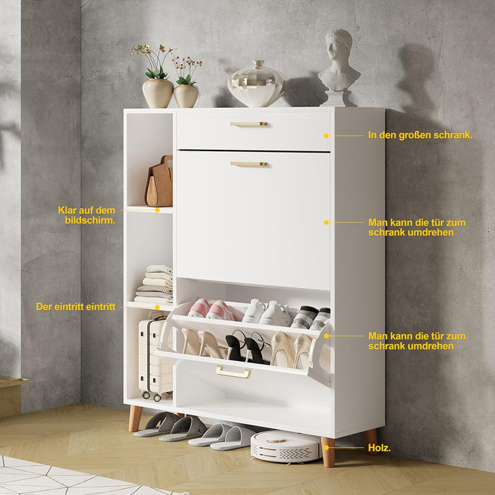 Schuhschrank mit 2 Klappen Schmal Schuhschrank mit 2 Flip-Schuhregal 1 Schublade und 3 Ablagefächer