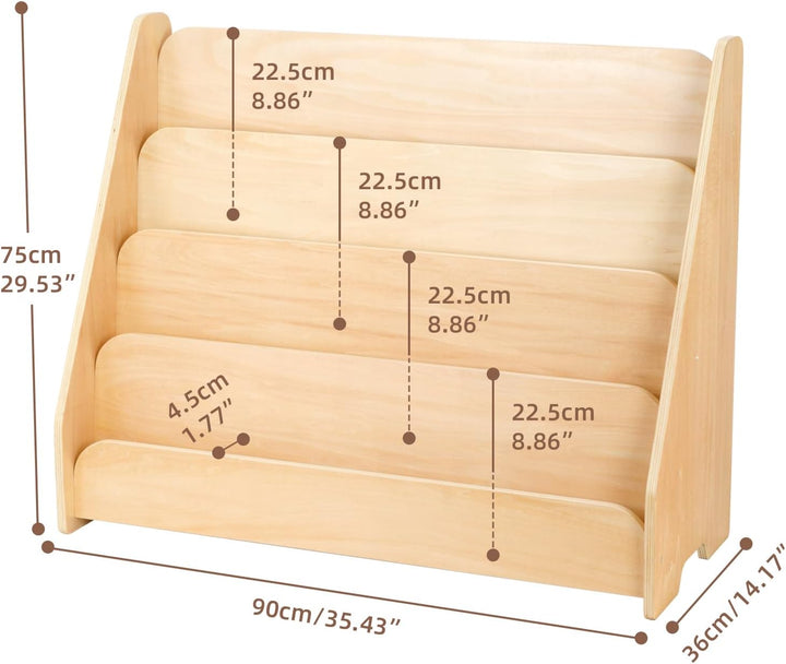 OOOK Bücherregal Kinder Holz mit 4 Ablagen, Montessori-bücherregal Kinderzimmer, Frontales Bücherreg