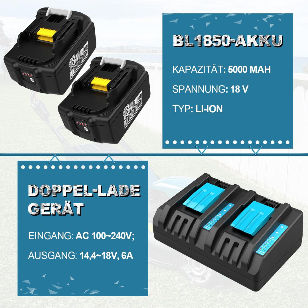 XNJTG [2 Stück] 5,0Ah 18V Akkus Ersatz für Makita 18V Akku BL1860 BL1850 BL1840 mit Dual Port Ladege