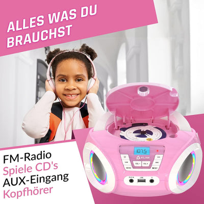 KLIM Candy Kids CD Player für Kinder - NEU 2024 - UKW-Radio - Inklusive Batterien - Rosa - Boombox t