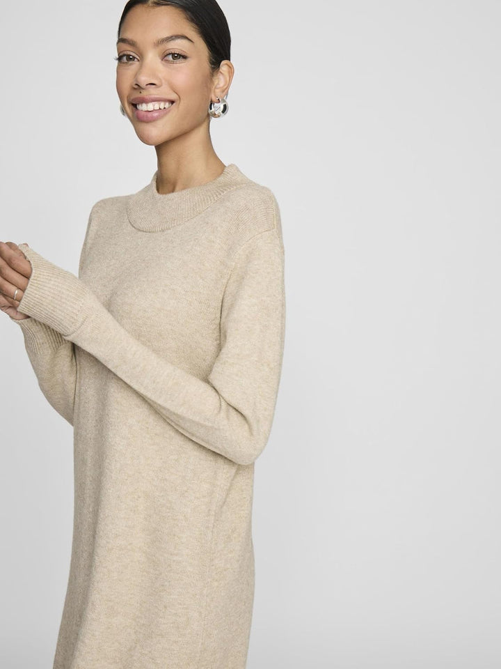 Vila Damen VIRIL Crew Neck L/S MIDI Dress - NO 14061427 XS Natural Melange, XS Natural Melange