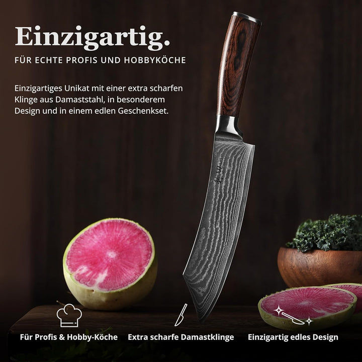 Wakoli EDIB Damast BBQ- und Blockmesser mit Gravur – Personalisiertes Messer, 20cm Klinge aus 67 Lag