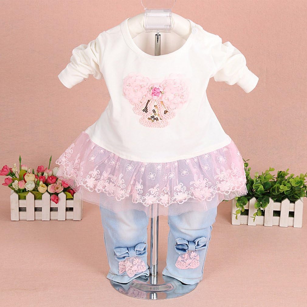 Yao Baby kleidung,Baby Mädchen Kleidungsset 3tlg Button-Stil Jeansjacke gestickte langarm T-Shirt un