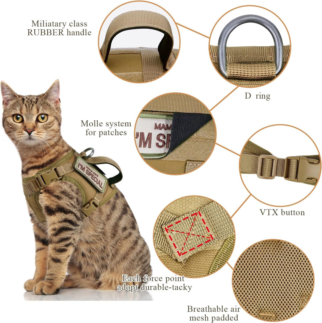 Taktisches Katzengeschirr für Spaziergänge, ausbruchsicher, weiches Netzgewebe, verstellbar, Haustie