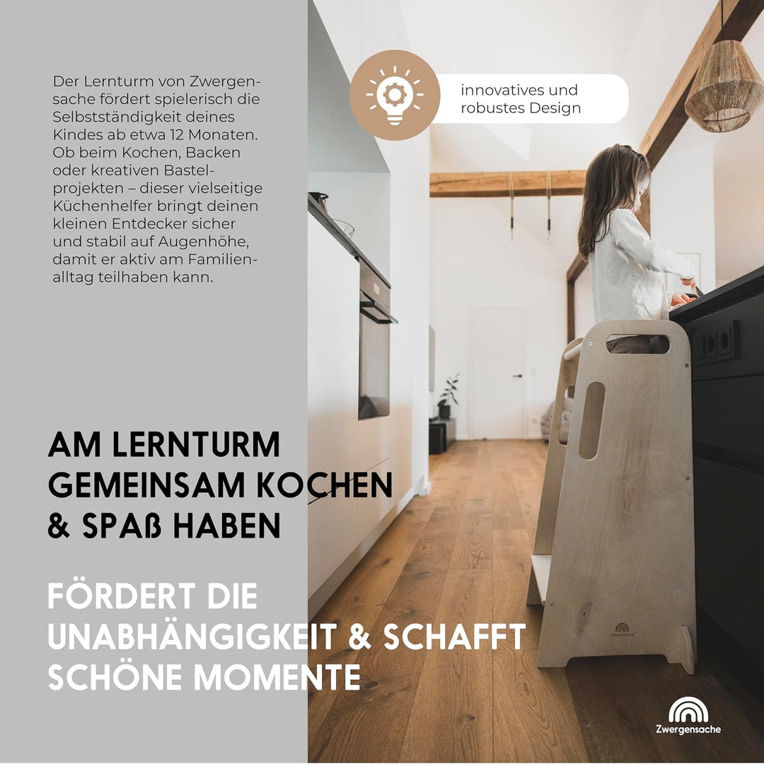 Lernturm ab 1 Jahr – Höhenverstellbar ohne Werkzeug – weiss lackiert - Kinder-Küchenhelfer, Lernturm