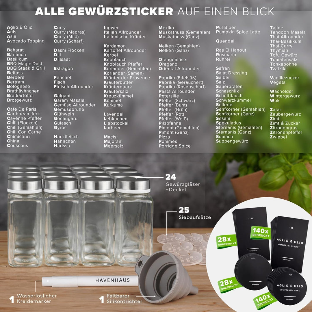 𝗛𝗔𝗩𝗘𝗡𝗛𝗔𝗨𝗦 Gewürz Organizer Set I 24x Gewürzgläser eckig [120ml] mit Streuaufsätzen &amp; Deckel luftdich