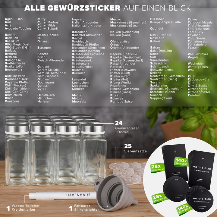 𝗛𝗔𝗩𝗘𝗡𝗛𝗔𝗨𝗦 Gewürz Organizer Set I 24x Gewürzgläser eckig [120ml] mit Streuaufsätzen &amp; Deckel luftdich