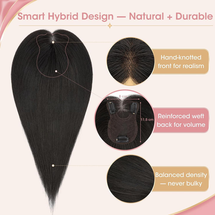 Silk-co Hair Topper Echthaar, 8x11.5cm handgebunden Basis Toupet Damen, Clip in Haarteile mit Spitze