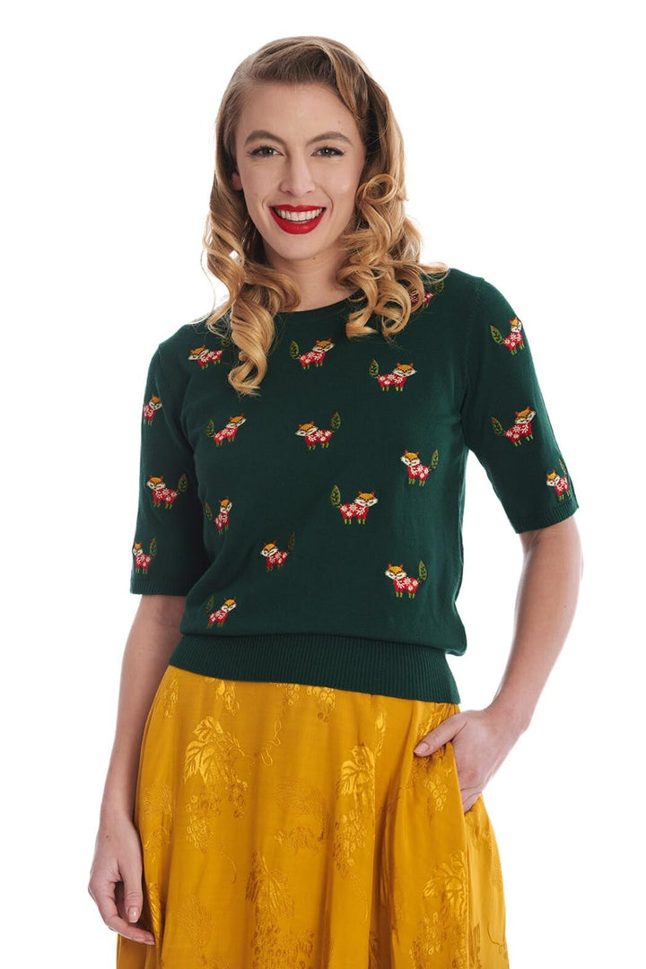 Banned Scandi Strickpullover Holiday Cheer Retro Festlicher Fuchs Weihnachtsbaum L Grün, L Grün