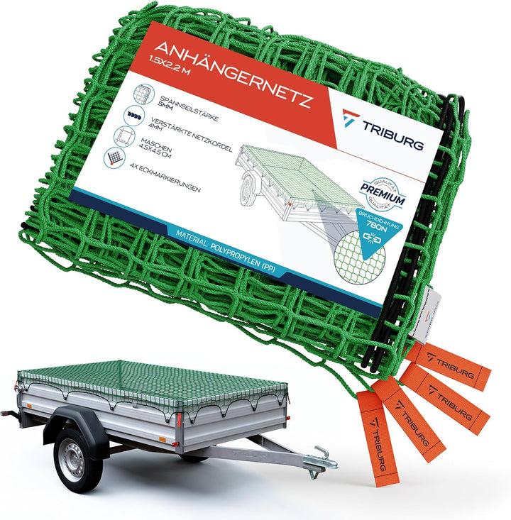 TRIBURG Anhängernetz 1,5x2,2 mit Eckmarkierungen - Anhänger Netz mit Spanngummi zur optimalen Ladung