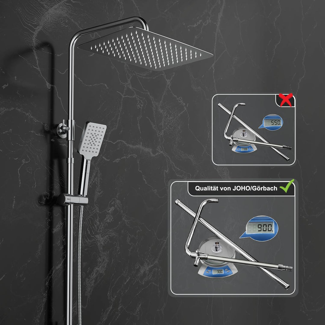 JOHO 304 Edelstahl Duschset Duschsystem Regenduschset mit Kopfbrause 35x25cm Chrom rechteckig 35x25c