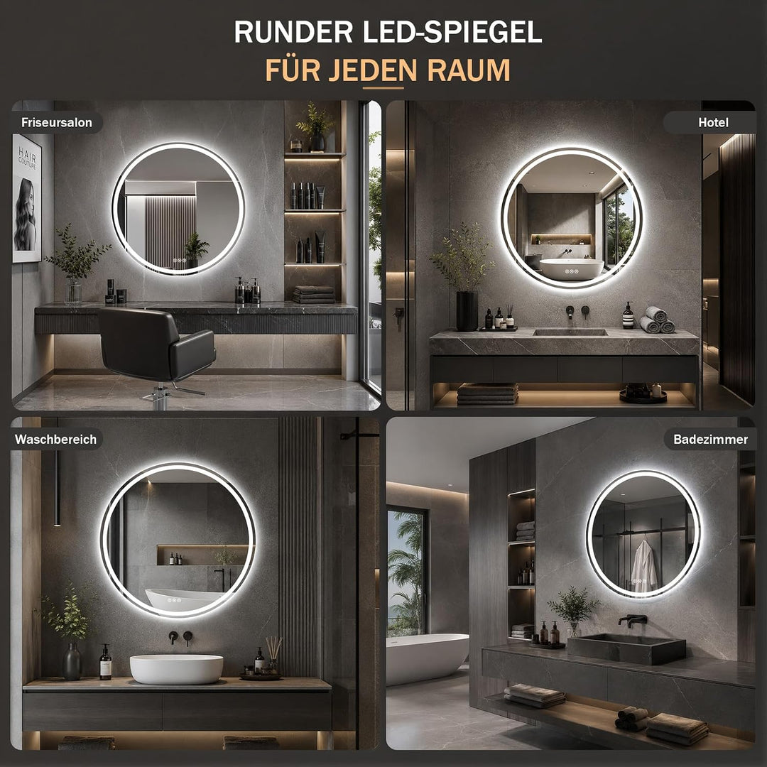 XRAMFY Badspiegel mit Beleuchtung 60cm*60cm, Antibeschlag, Rund Badezimmerspiegel mit Beleuchtung LE