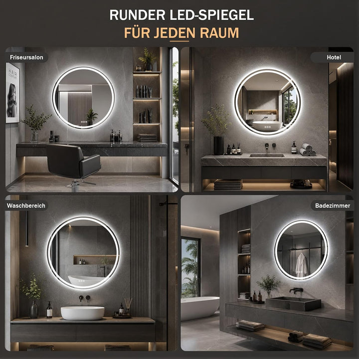 XRAMFY Badspiegel mit Beleuchtung 60cm*60cm, Antibeschlag, Rund Badezimmerspiegel mit Beleuchtung LE