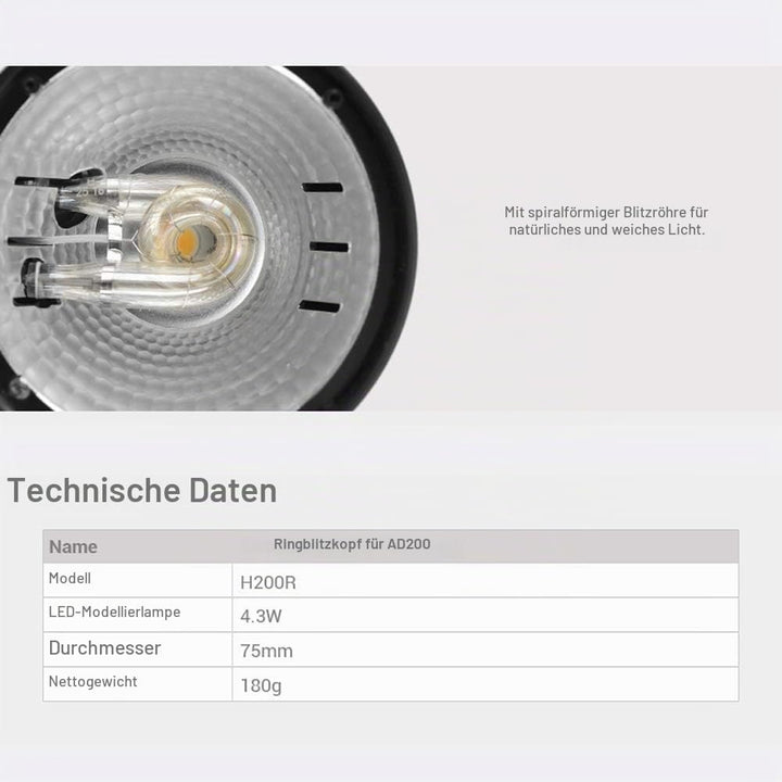 Godox H200R Ring Flash Head Kopf für Ringblitzkopf Godox AD200 AD200Pro, 200W Modellierungslampe Spi