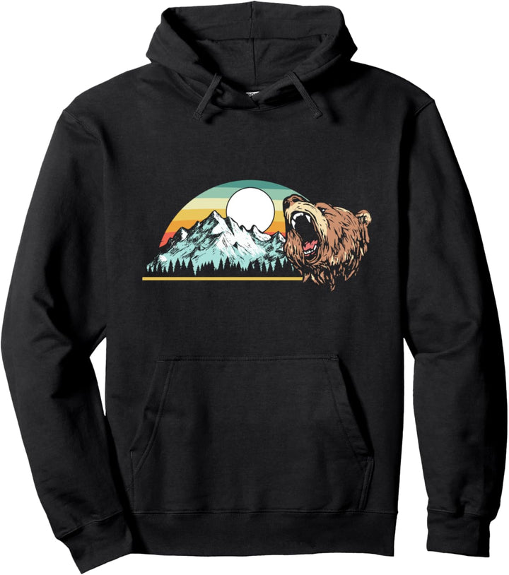 Retro Roaring Grizzly Bear 80's Style Mountains Graphic Pullover Hoodie
