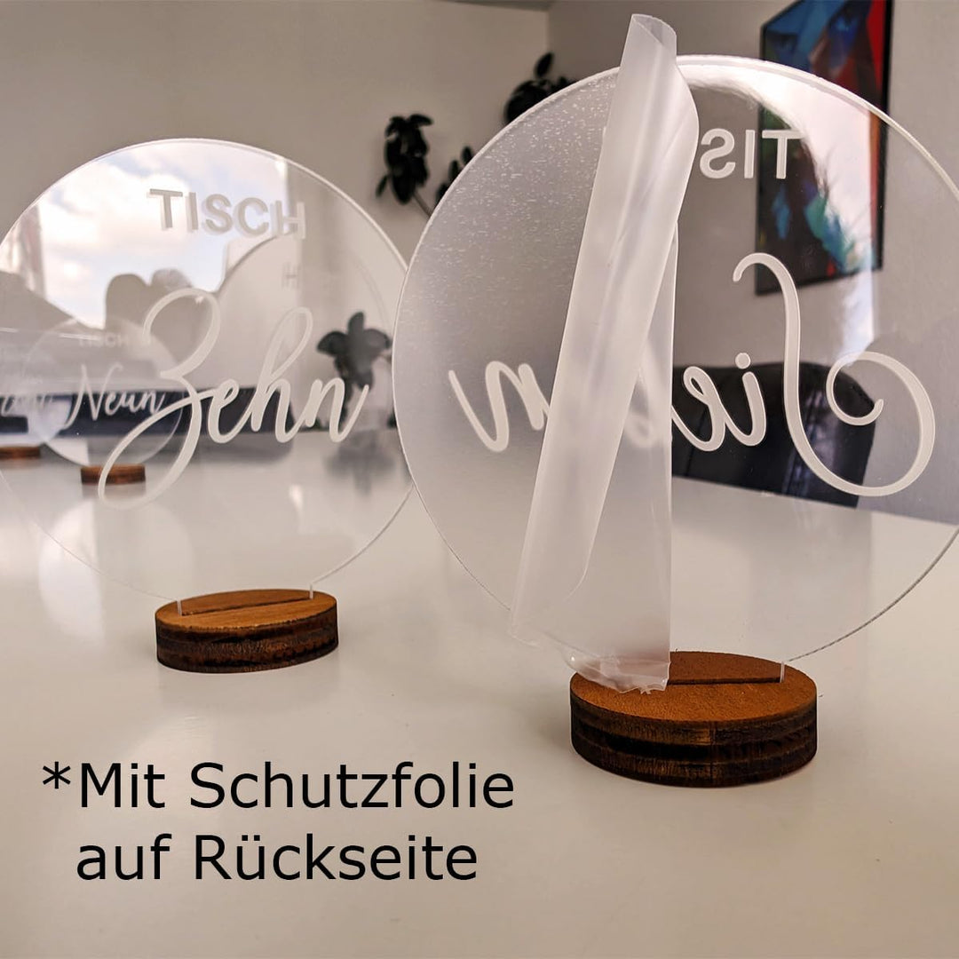 Tischnummern Hochzeit Set für 1-20 Tische, Acryl Transparent mit präsizer Milchig-Weisser Lasergravu