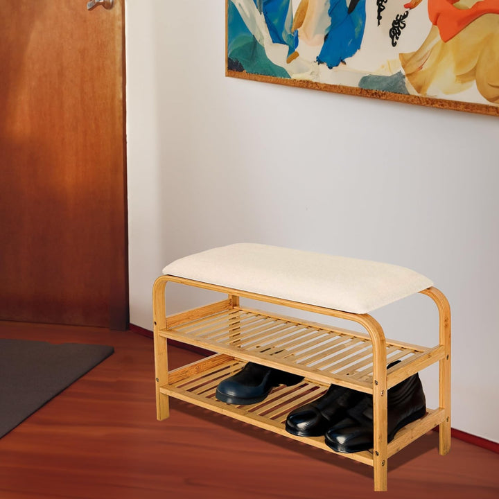 Bambus Schuhregal Schuhregal aus Bambus mit Sitzbank Schuhbank mit Sitzkissen und Schublade Sitzbank